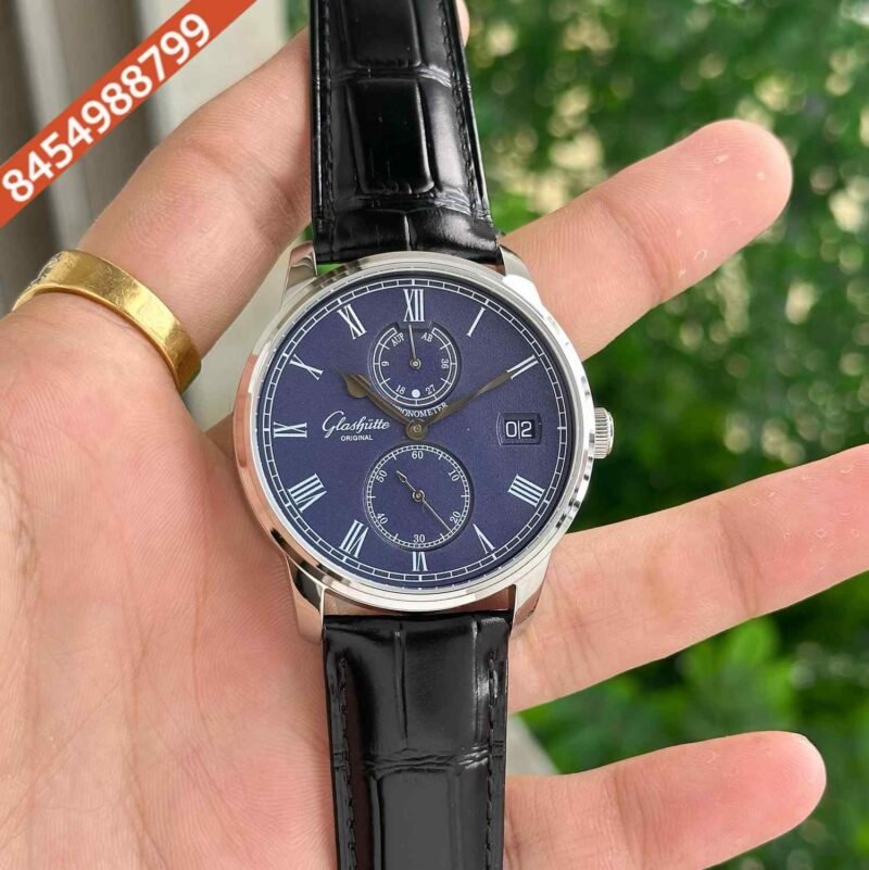 Glashutte Original Senator Chronometer Steel Blue Dial Black Leather Strap Swiss Automatic Watch