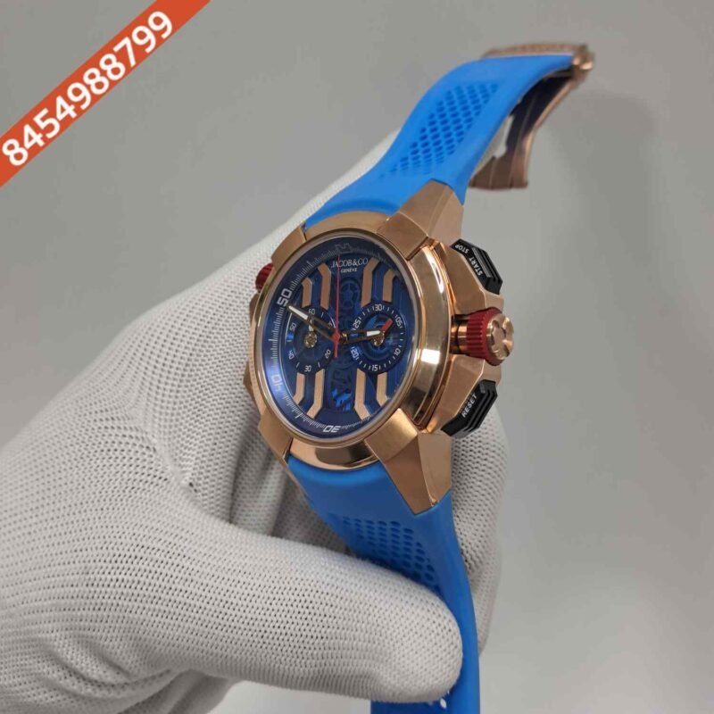 Jacob & Co Epic X Chronograph Rose Gold Blue Dial Blue Rubber Strap Swiss Quartz Watch - Image 2