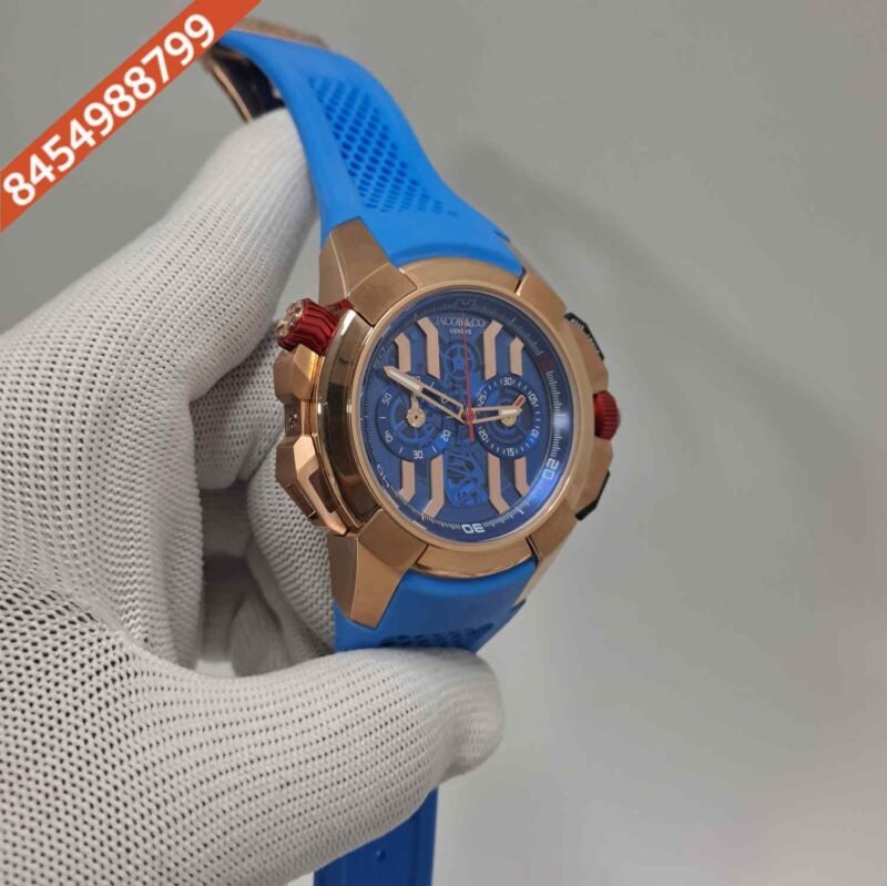 Jacob & Co Epic X Chronograph Rose Gold Blue Dial Blue Rubber Strap Swiss Quartz Watch - Image 3