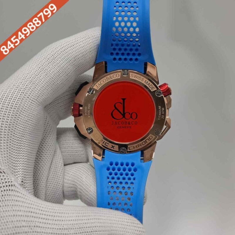 Jacob & Co Epic X Chronograph Rose Gold Blue Dial Blue Rubber Strap Swiss Quartz Watch - Image 4