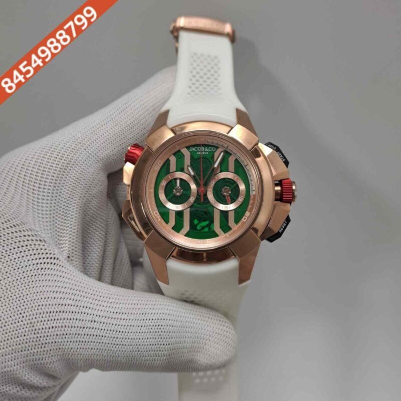 Jacob & Co Epic X Chronograph Rose Gold Green Dial White Rubber Strap Swiss Quartz Watch