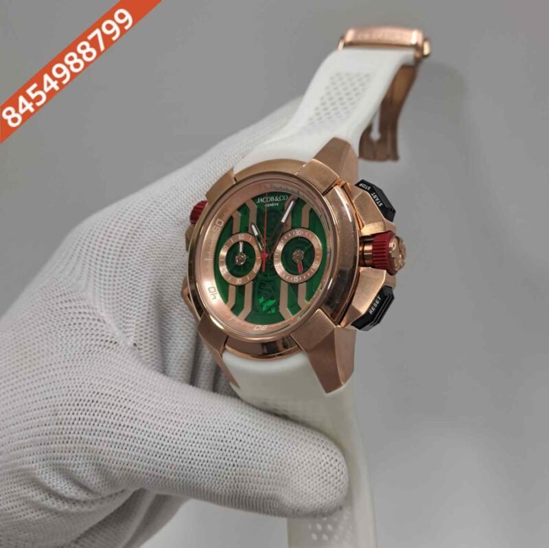 Jacob & Co Epic X Chronograph Rose Gold Green Dial White Rubber Strap Swiss Quartz Watch - Image 2