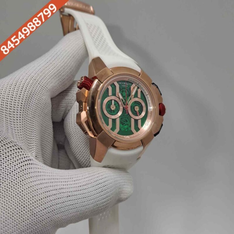Jacob & Co Epic X Chronograph Rose Gold Green Dial White Rubber Strap Swiss Quartz Watch - Image 3