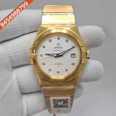 Omega Constellation Co Axial Full Gold White Dial Diamond Marker Swiss Automatic Watch
