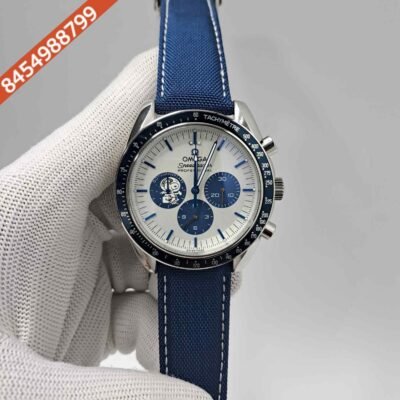 Omega Speedmaster Snoopy Award 50th Anniversary Chronograph White Dial Blue Leather Strap Swiss Watch