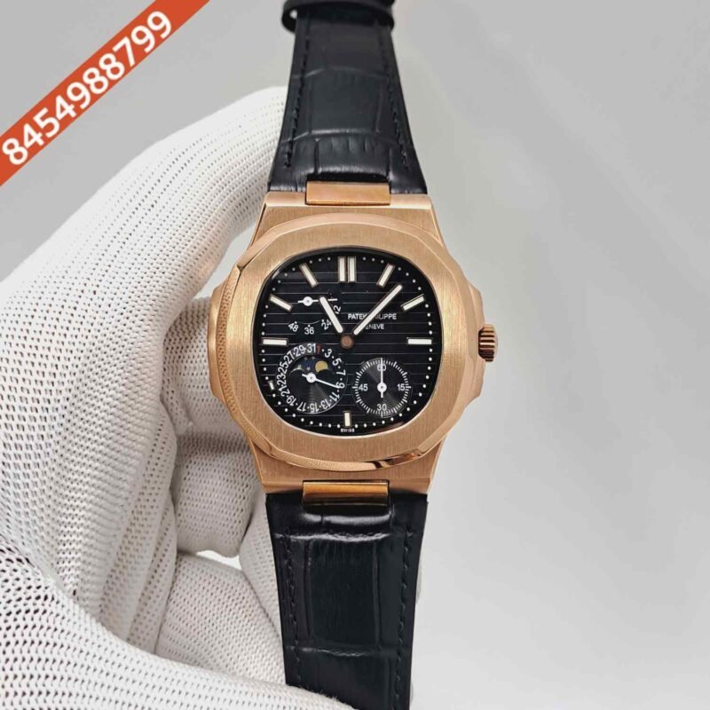 Patek Philippe Aquanaut Rose Gold Black Dial Black Leather Strap Swiss Automatic Watch