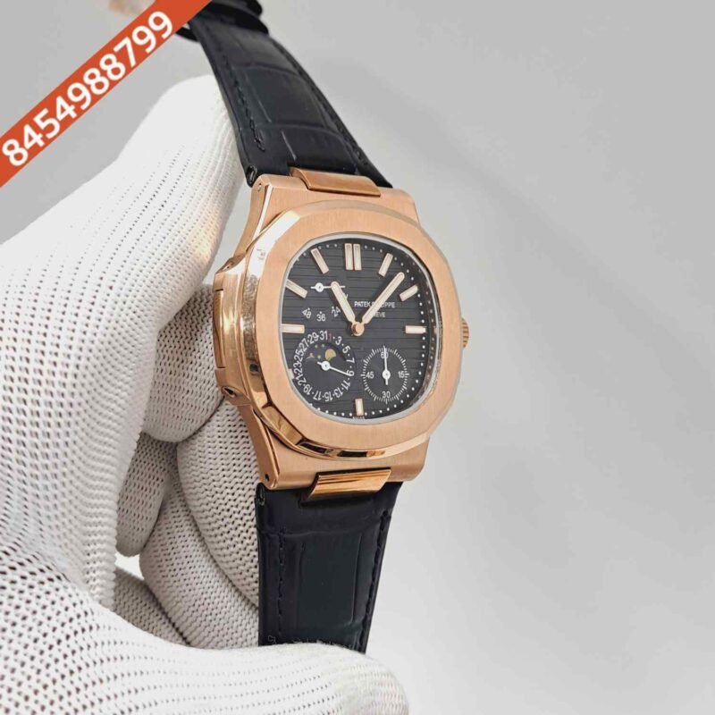 Patek Philippe Aquanaut Rose Gold Black Dial Black Leather Strap Swiss Automatic Watch - Image 3