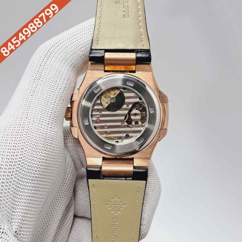 Patek Philippe Aquanaut Rose Gold Black Dial Black Leather Strap Swiss Automatic Watch - Image 4