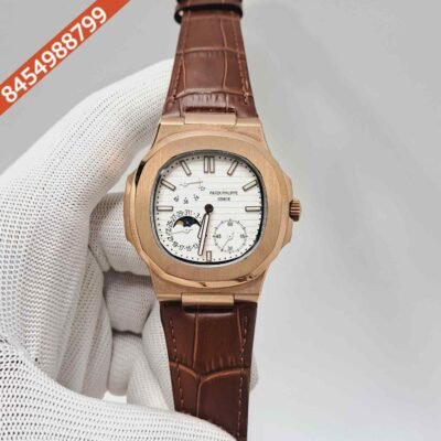 Patek Philippe Aquanaut Rose Gold White Dial Brown Leather Strap Swiss Automatic Watch