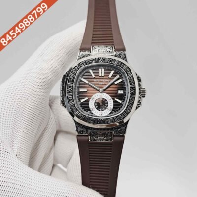 Patek Philippe Nautilus Engraved Silver Brown Dial Brown Rubber Strap Swiss Semi ETA Automatic Watch