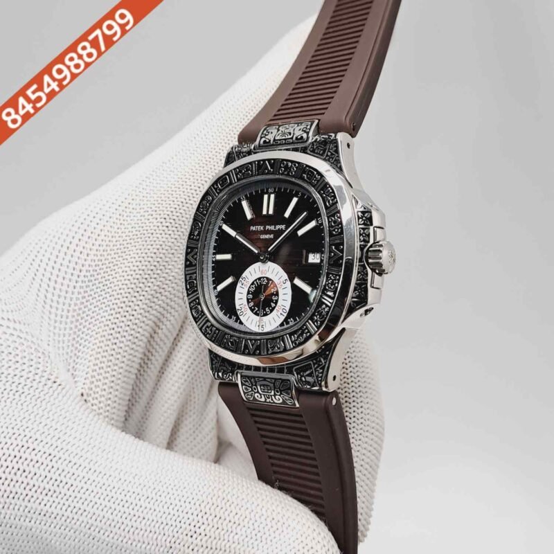 Patek Philippe Nautilus Engraved Silver Brown Dial Brown Rubber Strap Swiss Semi ETA Automatic Watch - Image 2