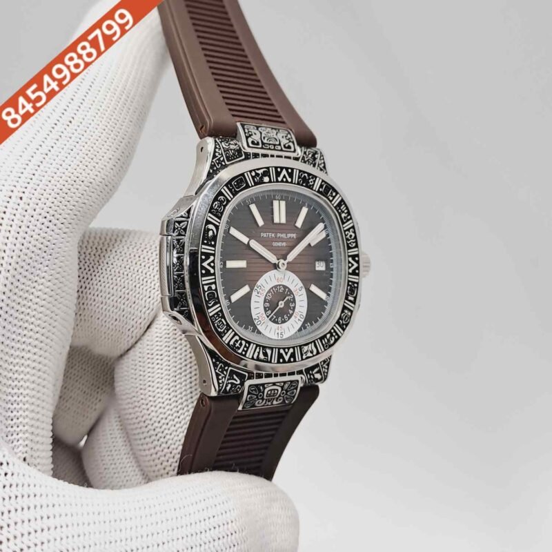 Patek Philippe Nautilus Engraved Silver Brown Dial Brown Rubber Strap Swiss Semi ETA Automatic Watch - Image 3
