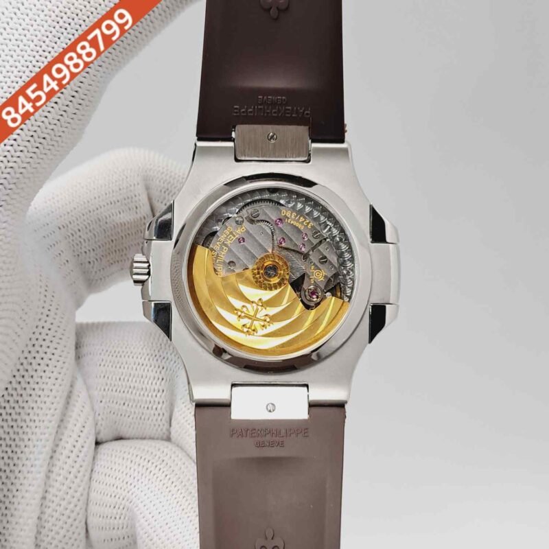 Patek Philippe Nautilus Engraved Silver Brown Dial Brown Rubber Strap Swiss Semi ETA Automatic Watch - Image 4