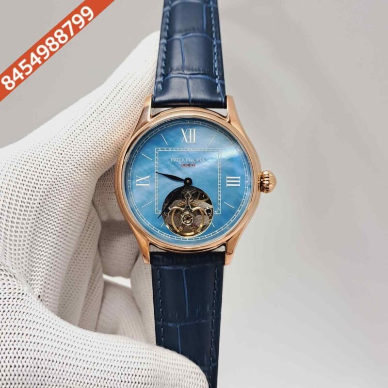 Patek Philippe Tourbillon Rose Gold Blue Dial Leather Strap Swiss Automatic Watch