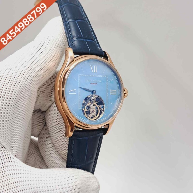 Patek Philippe Tourbillon Rose Gold Blue Dial Leather Strap Swiss Automatic Watch - Image 3