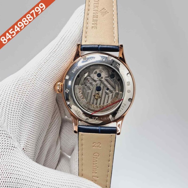 Patek Philippe Tourbillon Rose Gold Blue Dial Leather Strap Swiss Automatic Watch - Image 4