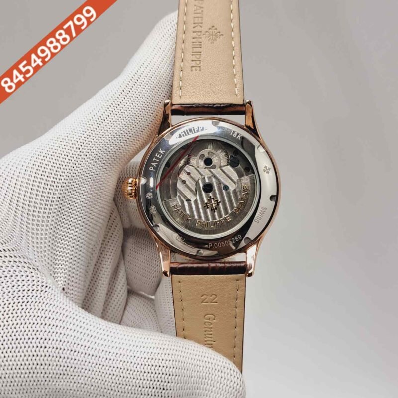 Patek Philippe Tourbillon Rose Gold White Dial Brown Leather Strap Swiss Automatic Watch - Image 4