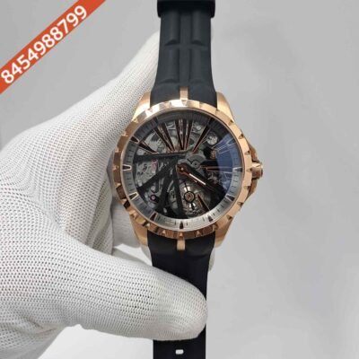 Roger Dubuis Oblvlo Cyber Skeleton Edition Rose Gold Black Dial Black Rubber Strap Swiss Automatic Watch
