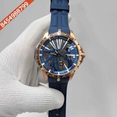 Roger Dubuis Oblvlo Cyber Skeleton Edition Gold Black Dial Blue Rubber Strap Swiss Automatic Watch