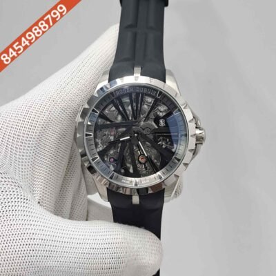 Roger Dubuis Oblvlo Cyber Skeleton Edition Silver Black Dial Black Rubber Strap Swiss Automatic Watch