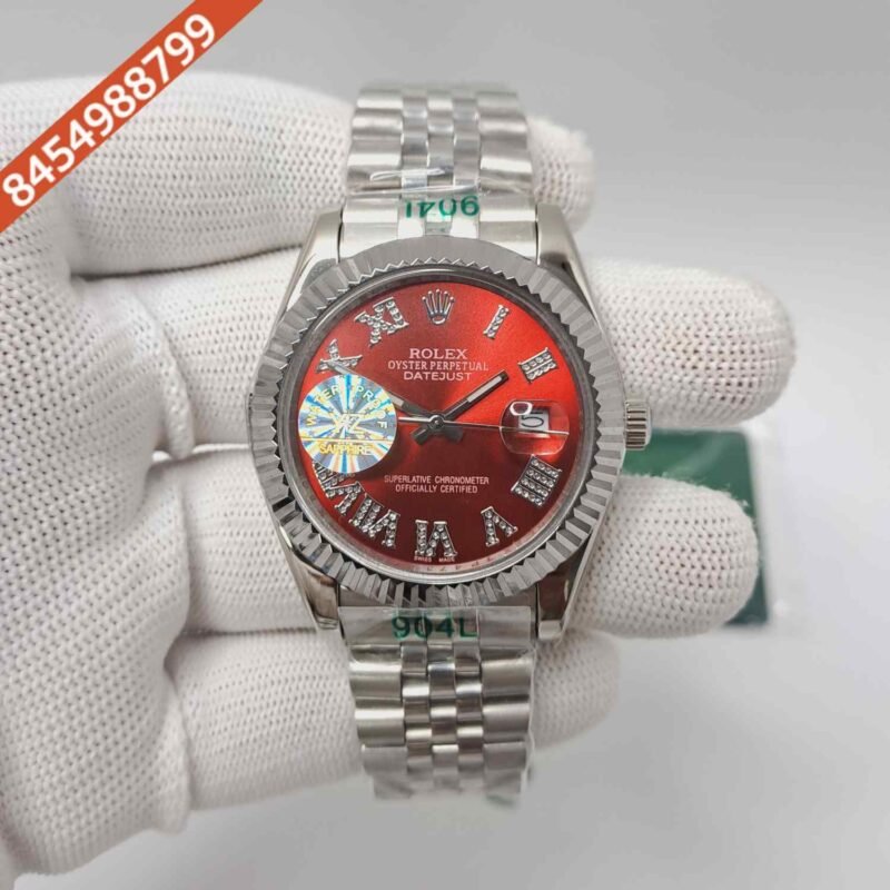 Rolex Date-Just Silver-Red Diamond Roman Figure Steel Semi ETA Swiss Automatic Watch