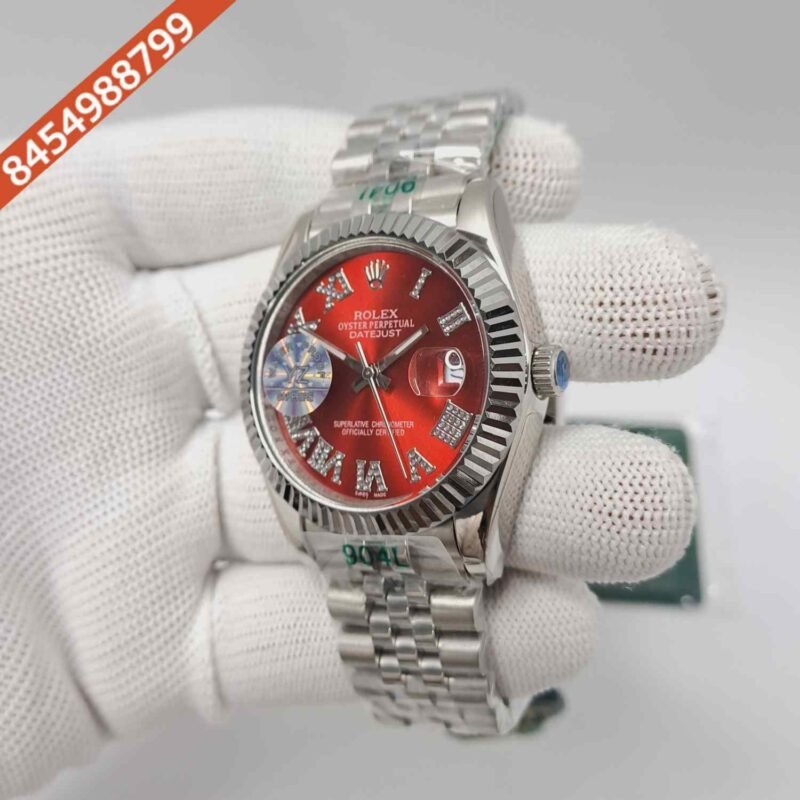 Rolex Date-Just Silver-Red Diamond Roman Figure Steel Semi ETA Swiss Automatic Watch - Image 2