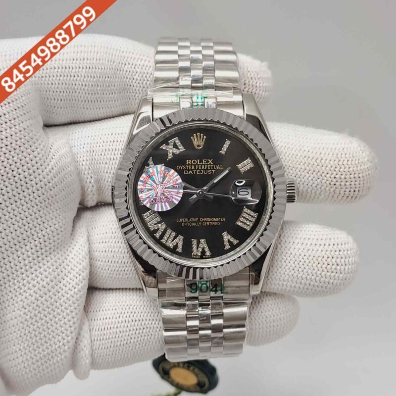 Rolex Date-just Diamond Roman Figure Steel Black Dial Semi ETA Swiss Automatic Watch