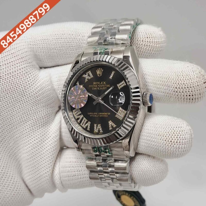 Rolex Date-just Diamond Roman Figure Steel Black Dial Semi ETA Swiss Automatic Watch - Image 2