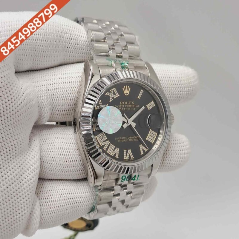 Rolex Date-just Diamond Roman Figure Steel Black Dial Semi ETA Swiss Automatic Watch - Image 3