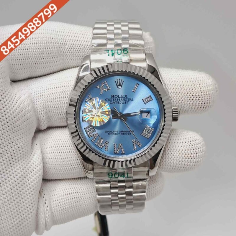 Rolex Date-just Diamond Roman Figure Steel Blue Dial Semi ETA Swiss Automatic Watch