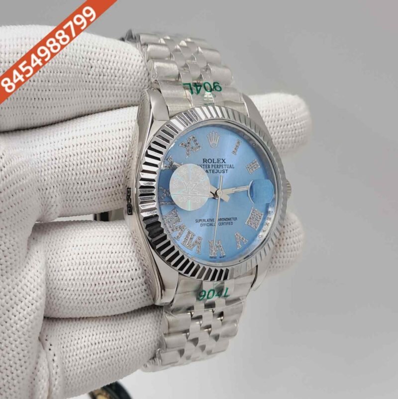 Rolex Date-just Diamond Roman Figure Steel Blue Dial Semi ETA Swiss Automatic Watch - Image 3