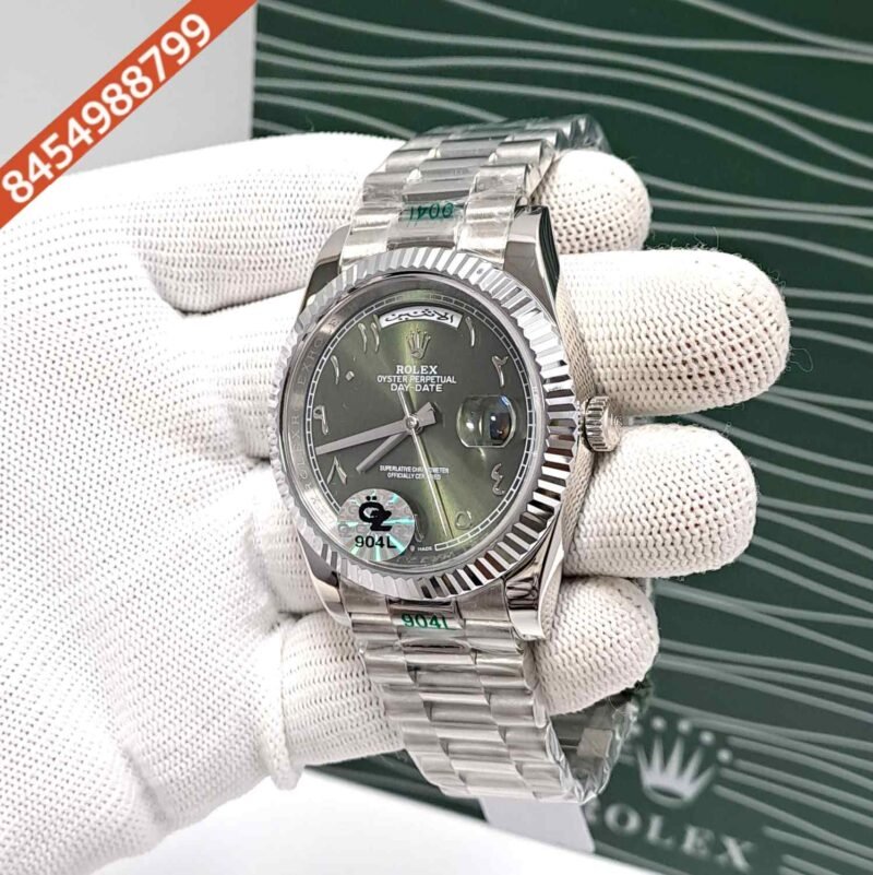 Rolex Day-Date Steel Olive Green Arabic Dial Semi ETA Swiss Automatic Watch - Image 2