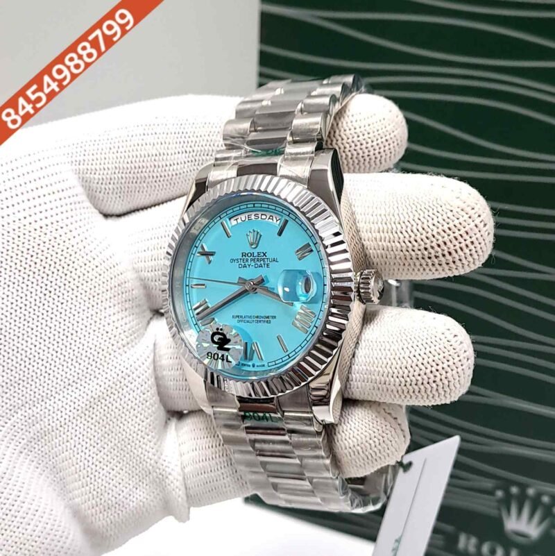 Rolex Day-Date Steel Roman tiffany blue Dial Semi ETA Swiss Automatic Watch - Image 2