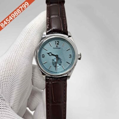 Rolex Perpetual 1908 Silver Blue Dial Brown Leather Strap Swiss Automatic Watch