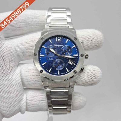 Salvatore Ferragamo F-80 Classic Chronograph Silver Blue Dial Swiss Automatic Watch