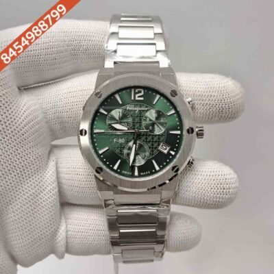 Salvatore Ferragamo F-80 Classic Chronograph Silver Green Dial Swiss Automatic Watch