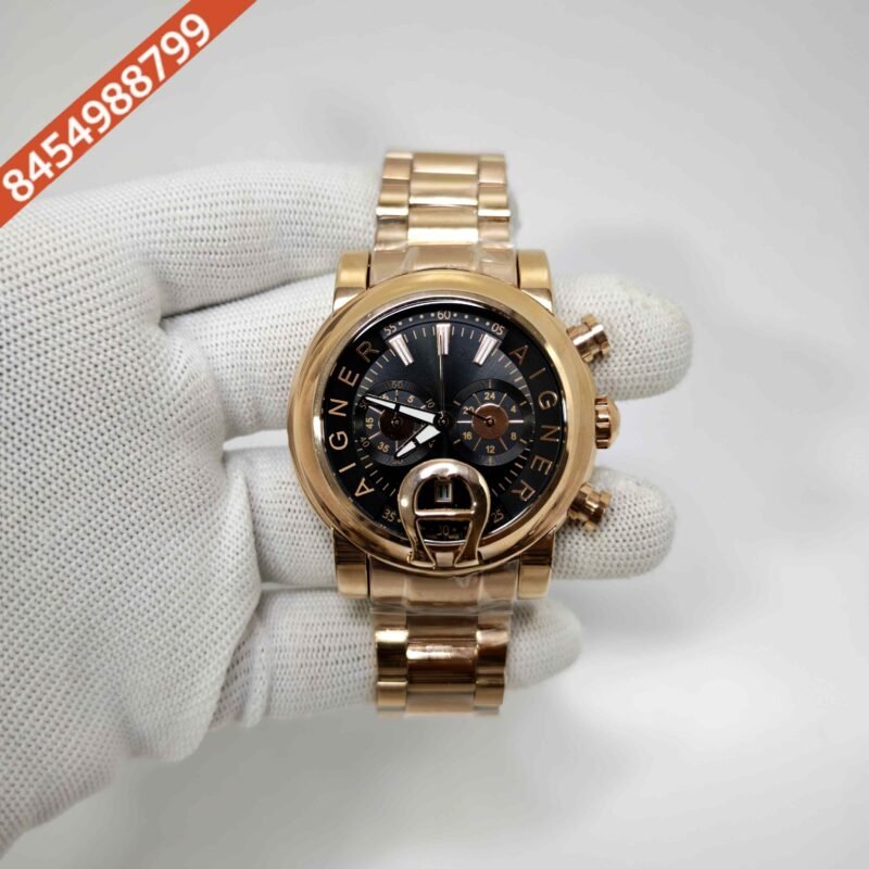 Aigner Bari Chronograph Steel Black Dial Rose Gold Steel Strap Swiss Watch