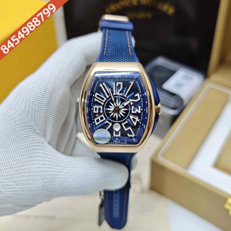 Franck Muller Vanguard V41 SC DT YACHT Rose Gold Blue Dial Blue Leather Strap Swiss ETA Automatic Watch
