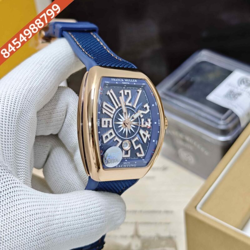 Franck Muller Vanguard V41 SC DT YACHT Rose Gold Blue Dial Blue Leather Strap Swiss ETA Automatic Watch - Image 3
