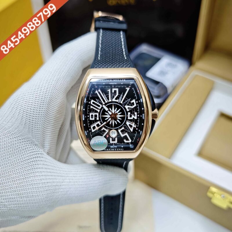 Franck Muller Vanguard V41 SC DT YACHT Rose Gold Black Dial Black Leather Strap Swiss ETA Automatic Watch