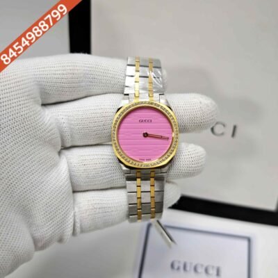 Gucci 25H Gold Diamond Bazel Pink Dial Dual Tone Steel Strap Swiss Quartz Watch
