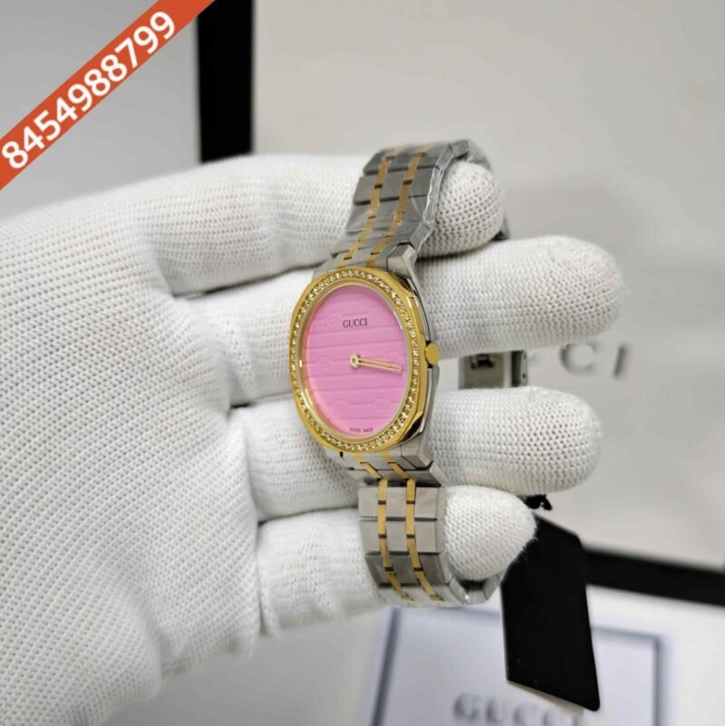 Gucci 25H Gold Diamond Bazel Pink Dial Dual Tone Steel Strap Swiss Quartz Watch - Image 2