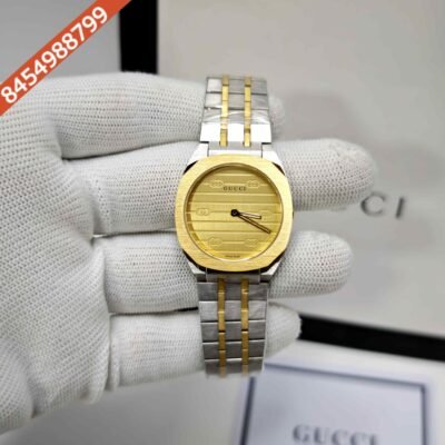 Gucci 25H Golden Bazel Golden Dial Dual Tone Steel Strap Swiss Quartz Watch