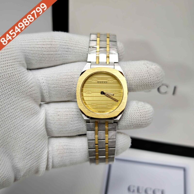 Gucci 25H Golden Bazel Golden Dial Dual Tone Steel Strap Swiss Quartz Watch