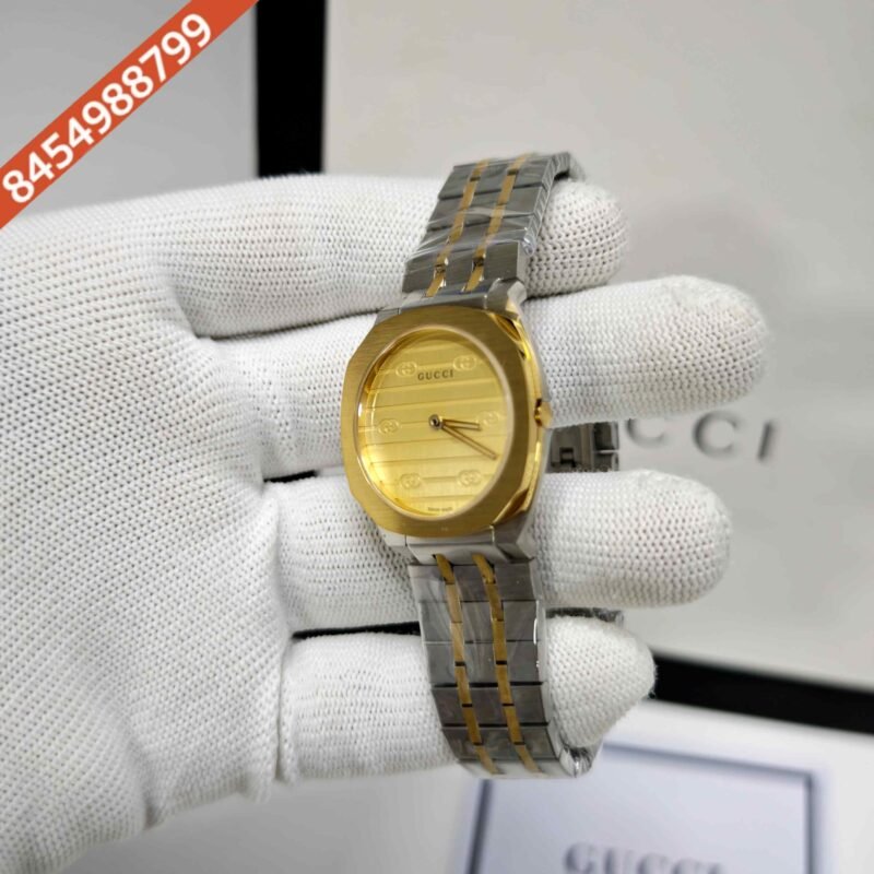 Gucci 25H Golden Bazel Golden Dial Dual Tone Steel Strap Swiss Quartz Watch - Image 2