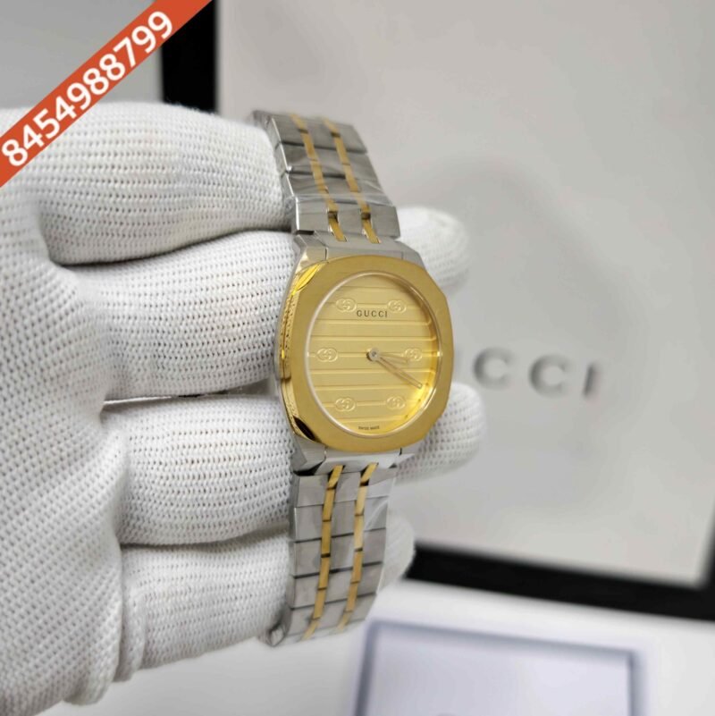 Gucci 25H Golden Bazel Golden Dial Dual Tone Steel Strap Swiss Quartz Watch - Image 3
