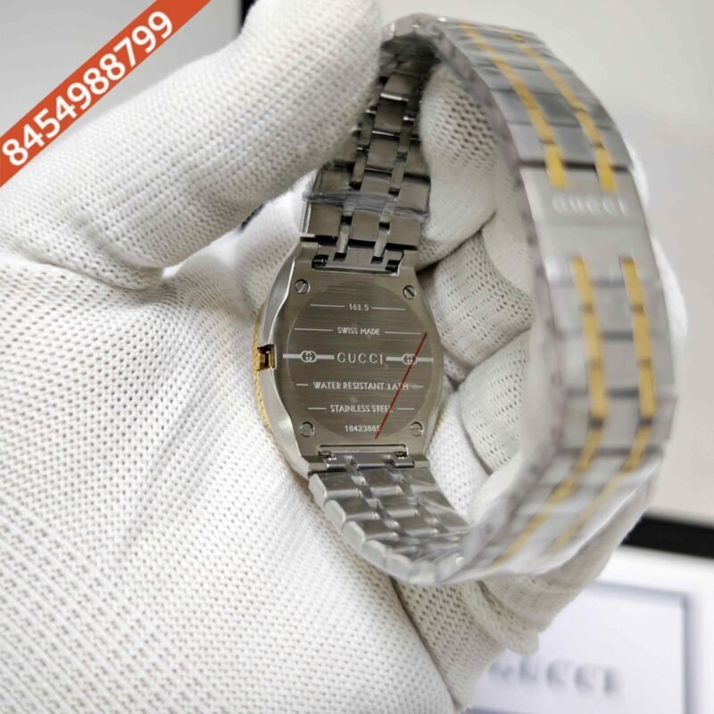 Gucci 25H Golden Bazel Golden Dial Dual Tone Steel Strap Swiss Quartz Watch - Image 4