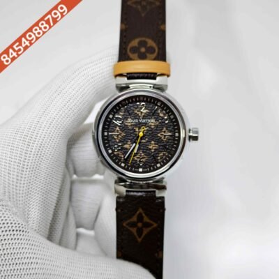Louis Vuitton Tambour Monogram Steel Brown Dial Brown Leather Strap Swiss Automatic Watch