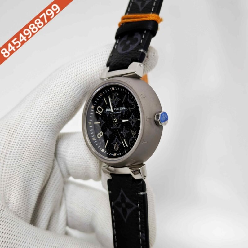 Louis Vuitton Tambour Monogram Black Dial Leather Strap Swiss Automatic Watch - Image 2