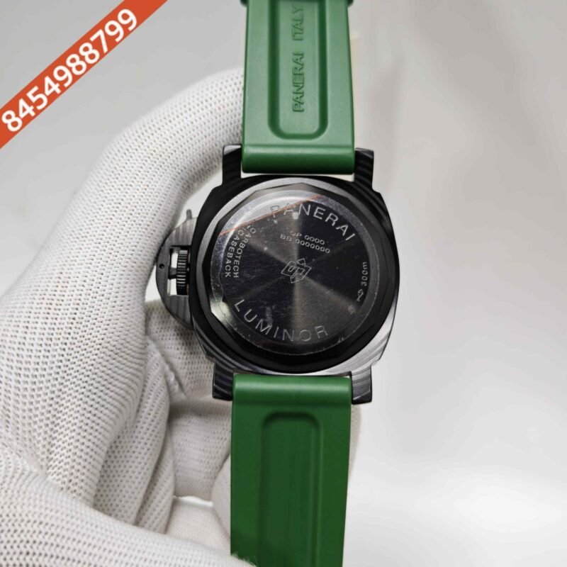 Luminor Panerai Marina Officine Black Steel Green Dial Green Rubber Strap Swiss Automatic Watch - Image 4